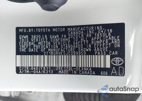 2018 Toyota Corolla Le z USA, uszkodzony, nr VIN 2T1BURHE5JC089959